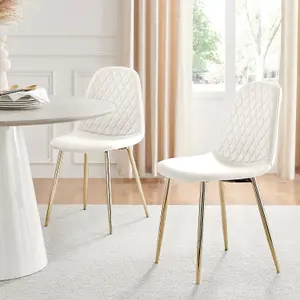 Set of 2 Corona White Soft Touch Diamond Stitched Faux Leather Gold Chrome Leg Dining Chairs