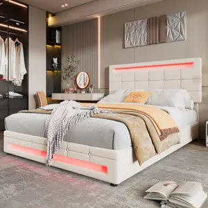 Upholstered bed, Hydraulic Bed, Adults Teenagers Double Bed, with 7colors LED-light strips, Velvet+Iron, 135x190cm,Beige