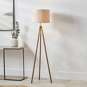 Gold Metal and Wood Grain Tripod Floor Lamp