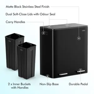 60L Compartment Bins Step On Multi-Compartment Rubbish & Recycling Bin - 60L Matte Black