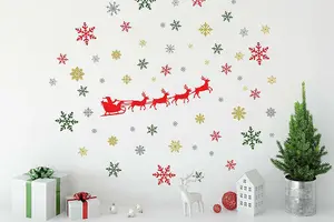 Santa's Sleigh and Colourful Snowflakes Stickers Xmas Wall DIY Art Home Decor