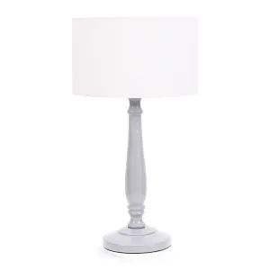 ValueLights Victoria Traditional Grey Wood Candlestick Table Lamp with White Drum Shade - LED Bulb Included