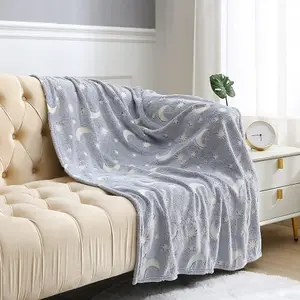 Glow In The Dark Fleece Blanket Throw with Moons and Stars Pattern Super Soft Blanket for All Seasons Stars Grey, 100 x 150cm