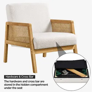 Yaheetech Ivory Boucle Upholstered Accent Chair with Rattan Sides and Rubberwood Legs