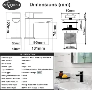 BATHWEST Black Basin Taps with Pop Up Waste Modern Monobloc Chrome Brass Matte Black Bathroom Sink Taps