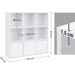 VASAGLE Bookshelf, 9-Cube Bookcase Display Shelf, Freestanding Cube Unit Storage Rack with 3 Bottom Cabinets, White