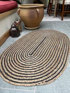 CHAKKAR DARK Stripe Oval Jute Beige Black Rug / 75 cm x 120 cm