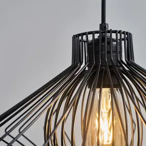 ValueLights Retro Matt Black Ceiling Pendant Light Fitting With Black Geometric Wire Shade