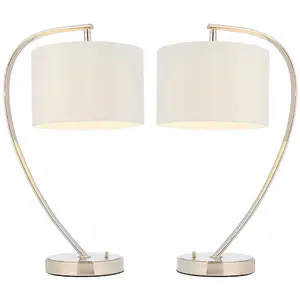 2 PACK Modern Curved Arm Table Lamp Nickel & White Shade Bedside Feature Light