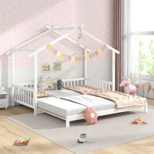 COSTWAY Single to Double Kids Bed Frame Wooden Extendable House Bed w/ Roof Frame