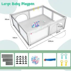 Costway Baby Playpen Large Safety Infant Activity Center W/ 50 PCS Ocean Balls 206 x 186 cm