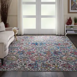 Ivory Blue Traditional Easy to Clean Floral Dining Room Bedroom And Living Room Rug-71 X 244cm (Runner)