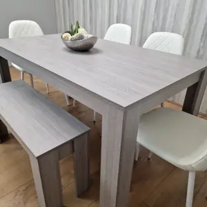 Grey Dining Table with 4 Diamond Stitched White Chairs and 1 Bench