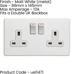 2 Gang Double DP 13A Switched UK Plug Socket SCREWLESS MATT WHITE Wall Power