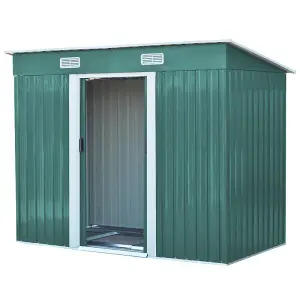 8 x 4 ft Pent Metal Garden Shed Outdoor Storage Shed with Lockable Door and Base Frame, Dark Green