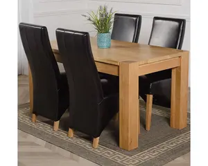 Kuba 150 x 85 cm Chunky Medium Oak Dining Table and 4 Chairs Dining Set with Lola Black Leather Chairs