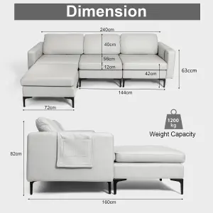 Costway Convertible Sectional Sofa L-Shaped 3-Seat Sofa Couch w/ Removable Ottoman