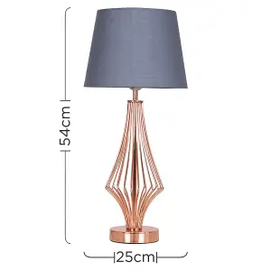 ValueLights Jaspa Copper Metal Wire Geometric Diamond Design Table Lamp with Grey Tapered Shade with 6w LED GLS Bulb In Warm White