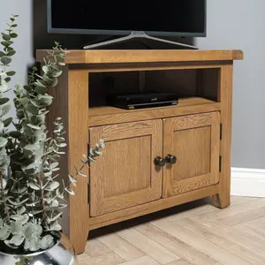 Elm Home And Garden Rustic Oak Wooden Corner Tv Media Video Unit Stand 65cm high x 80cm Wide x 40cm Deep Fully Assembled