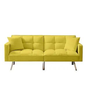 Sofa Bed 2 Seater Yellow Velvet Click Clack Sofa Settee Recliner Couch with Metal Legs with 2 Pillows