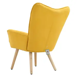 Yellow Linen Tufted Back Armchair with Plush Cushioning and Natural Rubberwood Legs