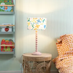 Rose Pink Bobbin Stem Table Lamp with Abstract Shapes Drum Shade for Living Room Bedroom