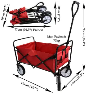 Red Festival Wagon Garden Cart Trolley Folding Multi-Purpose Big Wheels Holds 70kg