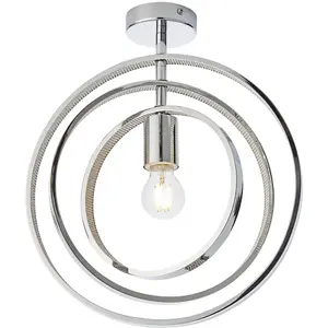 Chrome Plated Semi Flush Ceiling Pendant Light - Adjustable Hoops - Dimmable