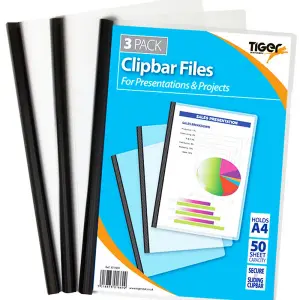 Tiger Stationery A4 Black Clipbar Files (Pack of 3) Black (A4)