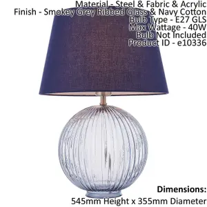 Table Lamp Smokey Grey Ribbed Glass & Navy Cotton 40W E27 GLS Base & Shade