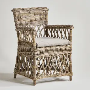 High Back Armchair Grey Removable Cushion Seat with a Classic Rattan Weave Frame