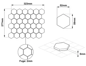 Mosaic sheet in ceramic on net 323mm x 277mm - White Hexagon