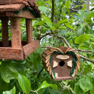 Wooden Bird Table, Love Bird Nest, Seed & Nut Feeder Set