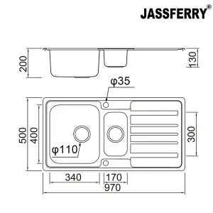 JASSFERRY Stainless Steel Kitchen Sink 1.5 Square Bowl Rome Style Reversible Drainer