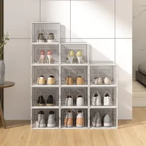 12 PCS Clear Shoe Box Plastic Stackable Shoe Storage Box with Magnetic Door 18.5cm H x 33.5cm W