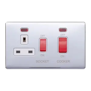 Polished Chrome Screwless Plate 45A Cooker Control Unit & Neon-White Trim - White Trim - SE Home