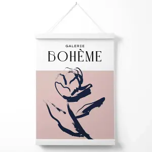 Blush and Navy Blue Rose Boho Sketch Floral Poster with Hanger / 33cm / White