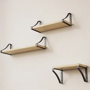 Floating Shelf Wall Mounted 3 Wood Shelves With Metal Brackets