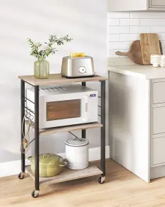 VASAGLE Kitchen Shelf on Wheels, Serving Trolley with 3 Shelves, Microwave Shelf, for Mini Oven, Toaster, with 6 Hooks