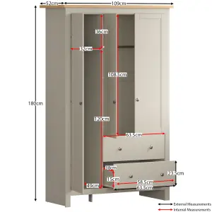 Vida Designs Arlington Grey 3 Door 2 Drawer Wardrobe (H)1800mm (W)1090mm (D)520mm