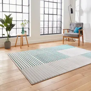 Grey Green Striped Modern Rug Easy to clean Dining Room-160cm X 220cm