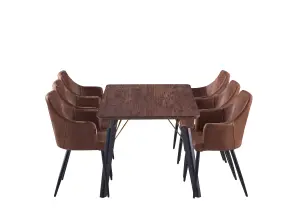 5PCs Zarah Cosmo Dining Table Set w/ a Brown Dining Table & 6 Brown Faux Leather Dining Chairs for Dining Room