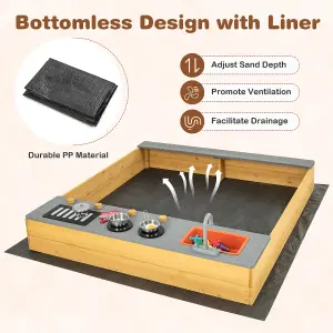 Costway Wooden Sandbox Kids Sand Pit w/ Kitchen Playset & Bottom Liner