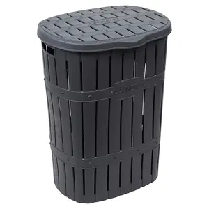 URBNLIVING 65L Anthracite Plastic Bamboo Style Laundry Basket Storage Bin With Handles & Easy Open Lid