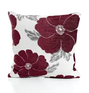 Poppy 55cm x 55cm Luxury Floral Chenille Cushion Aubergine/Grey