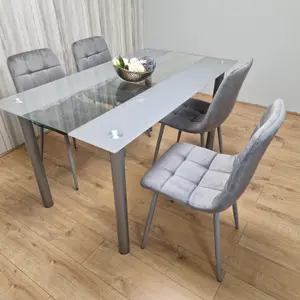 Grey Clear Glass Dining Table With 4 Grey Tufted Velvet Chairs Dining Set