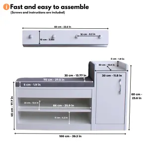 White Shoe Racks Storage Bench with Coat Stand & Shelf Combo - Grey Cushion Shoe Storage Seat - Wallet and Key Holder Organizer