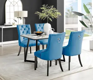 Carson 4 Seater White Marble Effect Rectangular Scratch Resistant Dining Table with 4 Blue Belgravia Velvet Black Leg Chairs