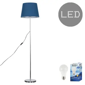 ValueLights Standard Floor Lamp In Polished Chrome Metal Finish With Navy Blue Tapered Shade With 6w LED GLS Bulbs In Warm White