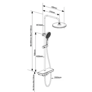 Chrome Thermostatic Rigid Riser Overhead Shower Kit with Tempered Glass Mixer Valve Shelf - Black Trim